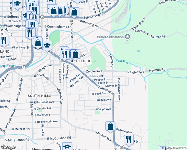 map of restaurants, bars, coffee shops, grocery stores, and more near 120 Zeigler Avenue in Butler