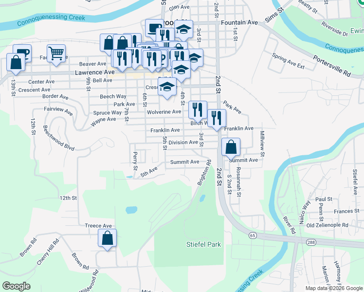 map of restaurants, bars, coffee shops, grocery stores, and more near 408 Division Avenue in Ellwood City