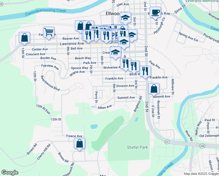 map of restaurants, bars, coffee shops, grocery stores, and more near 504 Division Avenue in Ellwood City