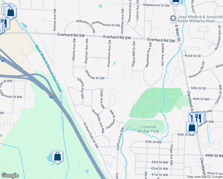 map of restaurants, bars, coffee shops, grocery stores, and more near 2906 Treeside Street Northwest in Canton