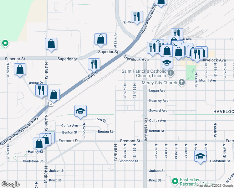 map of restaurants, bars, coffee shops, grocery stores, and more near 5628 Logan Avenue in Lincoln