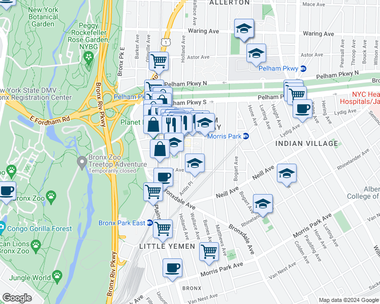 map of restaurants, bars, coffee shops, grocery stores, and more near in The Bronx