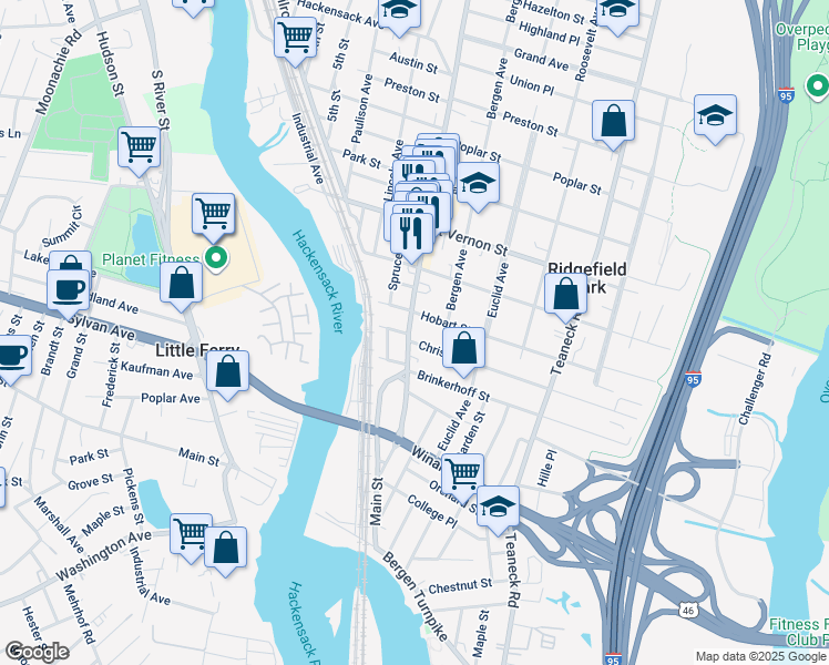 map of restaurants, bars, coffee shops, grocery stores, and more near 115 Main Street in Ridgefield Park