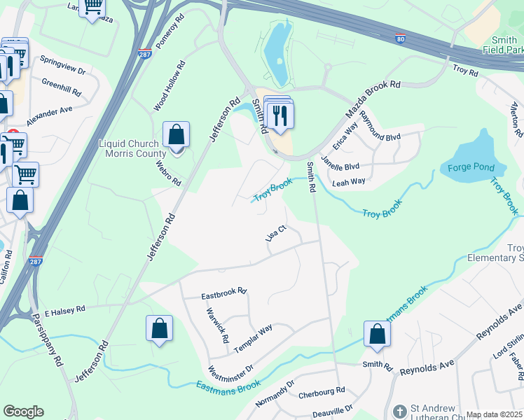 map of restaurants, bars, coffee shops, grocery stores, and more near 54 Rhyan Drive in Parsippany-Troy Hills