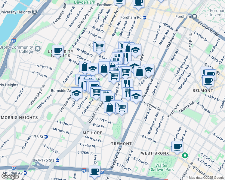 map of restaurants, bars, coffee shops, grocery stores, and more near 2080 Grand Concourse in Bronx