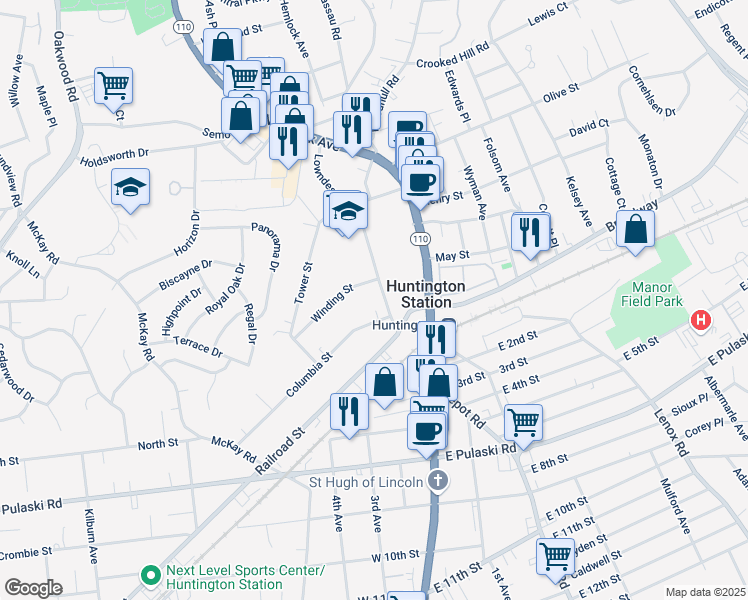 map of restaurants, bars, coffee shops, grocery stores, and more near 92 Winding Street in Huntington Station