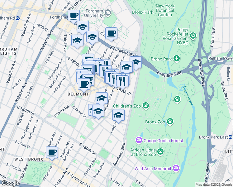 map of restaurants, bars, coffee shops, grocery stores, and more near 2353 Crotona Avenue in The Bronx