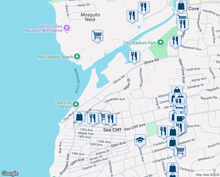 map of restaurants, bars, coffee shops, grocery stores, and more near 140 Shore Road in Glen Cove