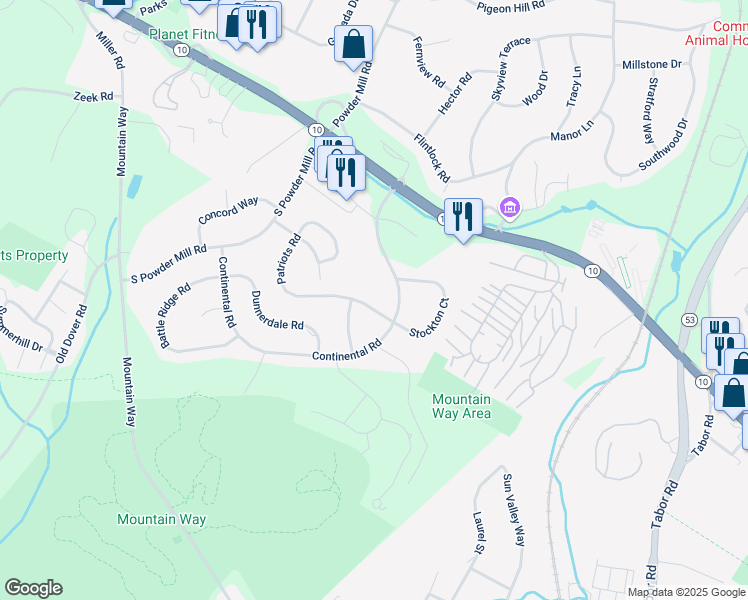 map of restaurants, bars, coffee shops, grocery stores, and more near 79 Continental Road in Morris Plains