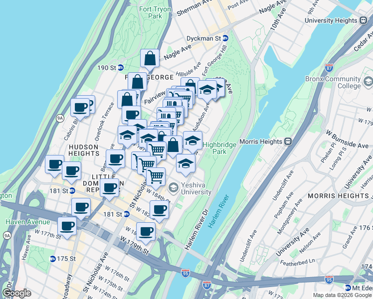 map of restaurants, bars, coffee shops, grocery stores, and more near 540 West 189th Street in New York