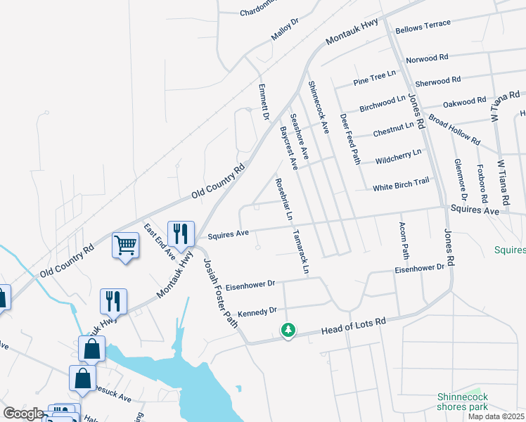 map of restaurants, bars, coffee shops, grocery stores, and more near 6 Evergreen Court in East Quogue