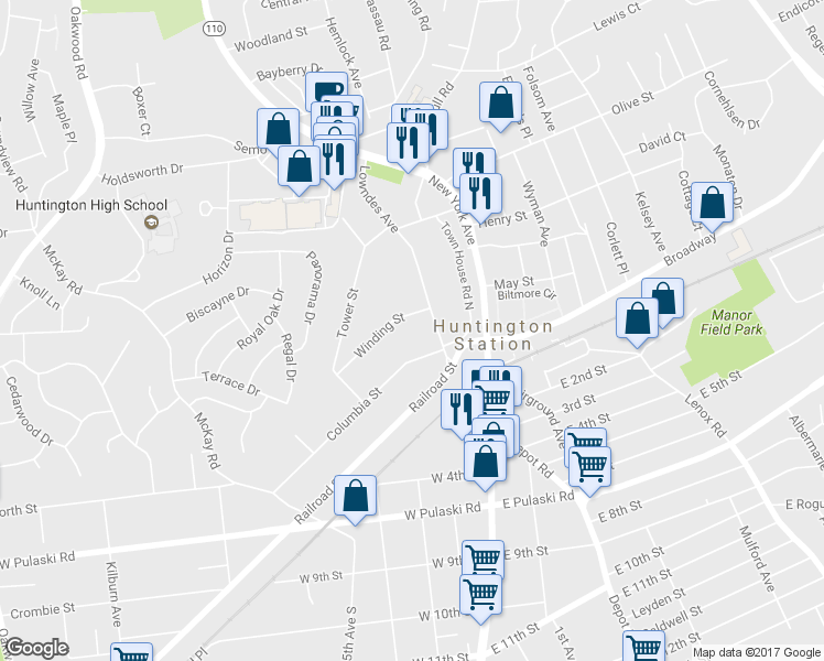 map of restaurants, bars, coffee shops, grocery stores, and more near 92 Winding Street in Huntington Station