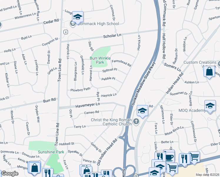 map of restaurants, bars, coffee shops, grocery stores, and more near 22 Harvest Lane in Commack