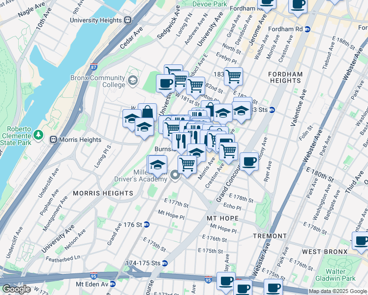 map of restaurants, bars, coffee shops, grocery stores, and more near 2038 Davidson Avenue in The Bronx
