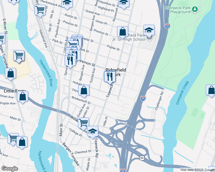 map of restaurants, bars, coffee shops, grocery stores, and more near 143 Cedar Street in Ridgefield Park