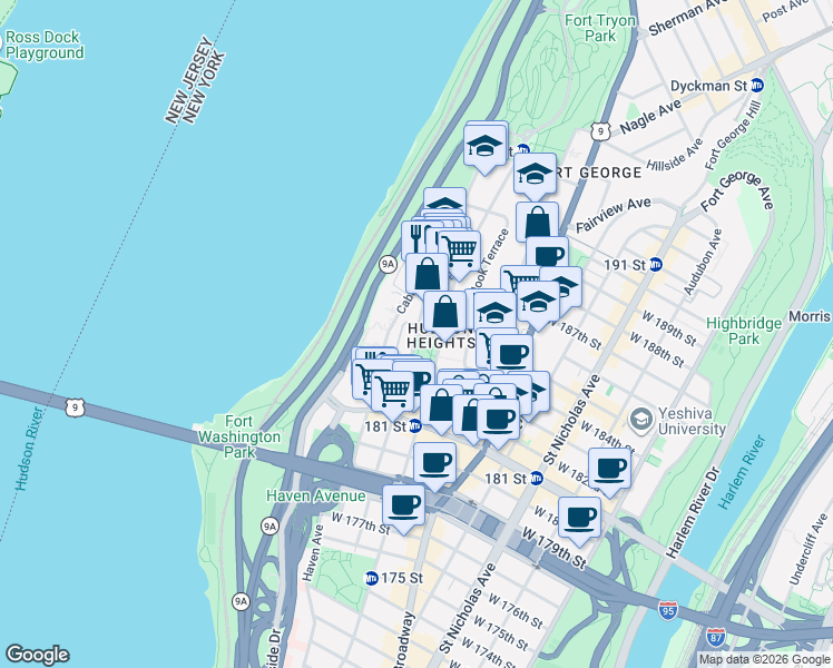 map of restaurants, bars, coffee shops, grocery stores, and more near Pinehurst Ave & W 185th St in New York