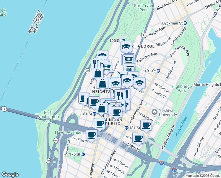 map of restaurants, bars, coffee shops, grocery stores, and more near 40 Overlook Terrace in New York