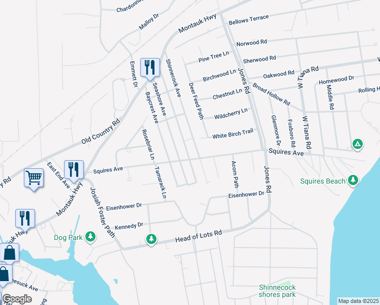 map of restaurants, bars, coffee shops, grocery stores, and more near 51 Ocean Avenue in East Quogue