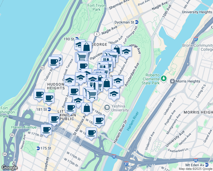 map of restaurants, bars, coffee shops, grocery stores, and more near 565 West 188th Street in New York