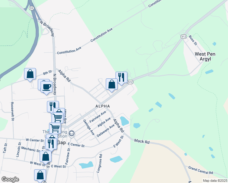 map of restaurants, bars, coffee shops, grocery stores, and more near 526 North Lehigh Avenue in Wind Gap