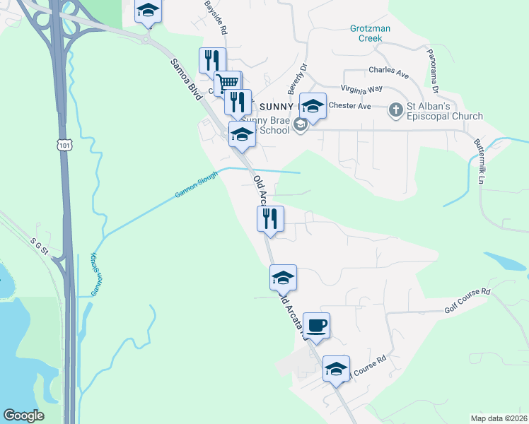 map of restaurants, bars, coffee shops, grocery stores, and more near 1101 Old Arcata Road in Arcata