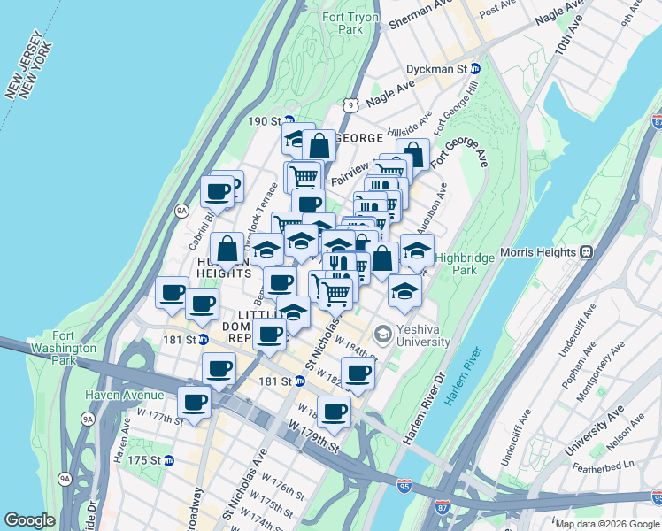 map of restaurants, bars, coffee shops, grocery stores, and more near Wadsworth Ave & W 187th St in New York