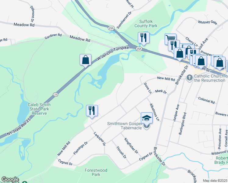 map of restaurants, bars, coffee shops, grocery stores, and more near 18 Mill Dam Road in Smithtown