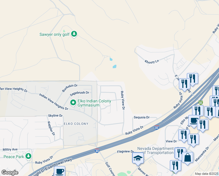 map of restaurants, bars, coffee shops, grocery stores, and more near 2034 Ruby View Drive in Elko