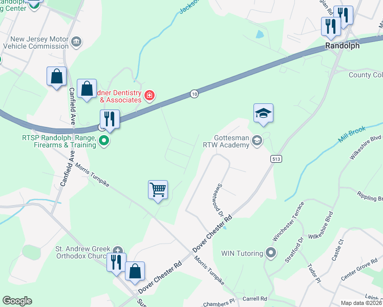 map of restaurants, bars, coffee shops, grocery stores, and more near 22 Sweetwood Drive in Randolph