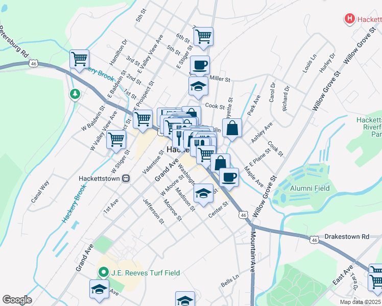 map of restaurants, bars, coffee shops, grocery stores, and more near in Hackettstown