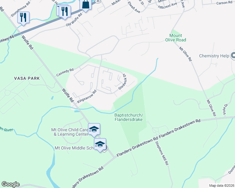 map of restaurants, bars, coffee shops, grocery stores, and more near 104 Stedwick Drive in Mount Olive