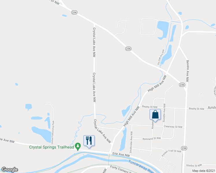 map of restaurants, bars, coffee shops, grocery stores, and more near 4984 Crystal Lake Avenue Northwest in Canal Fulton