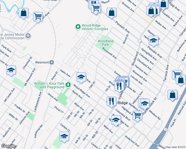 map of restaurants, bars, coffee shops, grocery stores, and more near 266 Windsor Road in Wood-Ridge