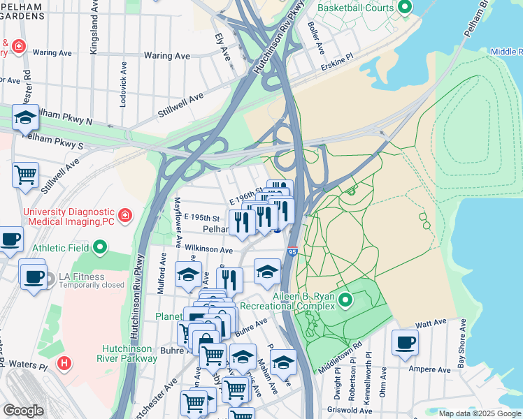 map of restaurants, bars, coffee shops, grocery stores, and more near 2048 Colonial Avenue in The Bronx