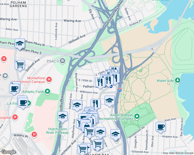 map of restaurants, bars, coffee shops, grocery stores, and more near 2942 East 196th Street in The Bronx