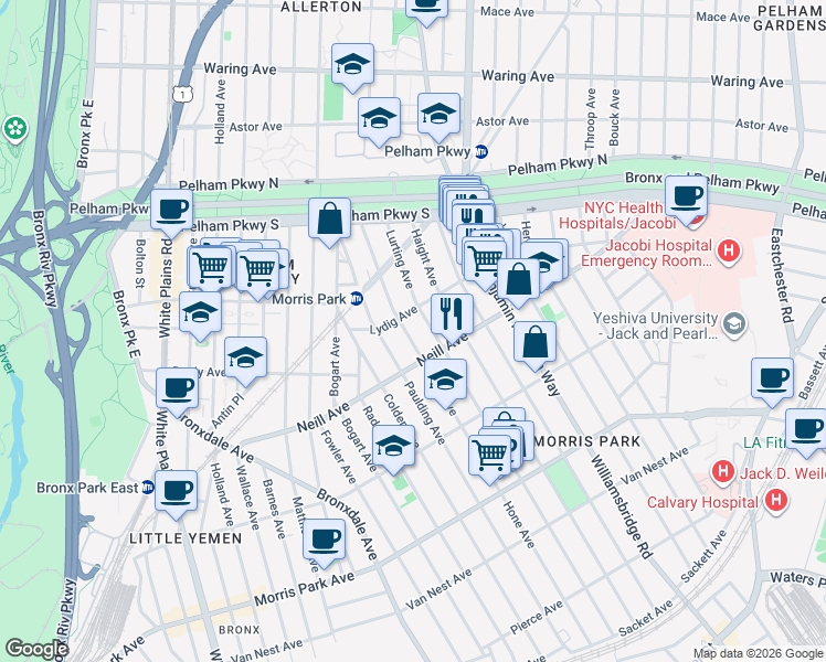 map of restaurants, bars, coffee shops, grocery stores, and more near in The Bronx