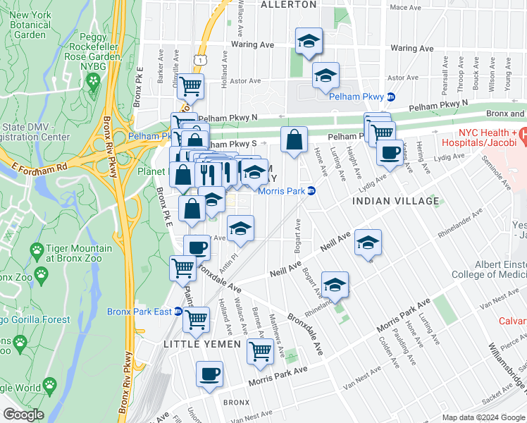 map of restaurants, bars, coffee shops, grocery stores, and more near 2105 Matthews Avenue in Bronx