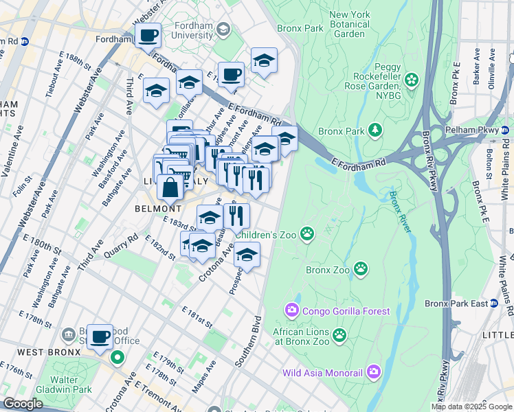 map of restaurants, bars, coffee shops, grocery stores, and more near 2408 Prospect Avenue in Bronx