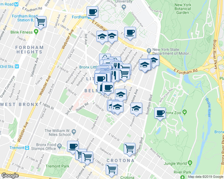 map of restaurants, bars, coffee shops, grocery stores, and more near 631 Crescent Avenue in Bronx