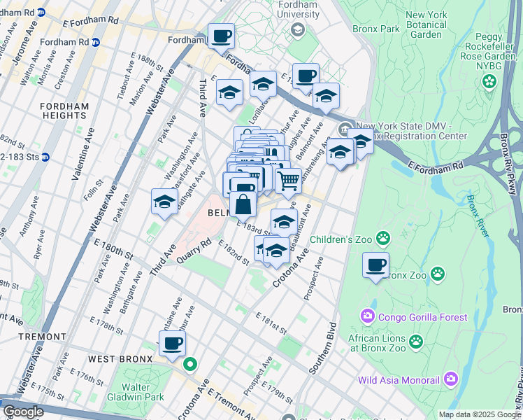 map of restaurants, bars, coffee shops, grocery stores, and more near 631 Crescent Avenue in Bronx