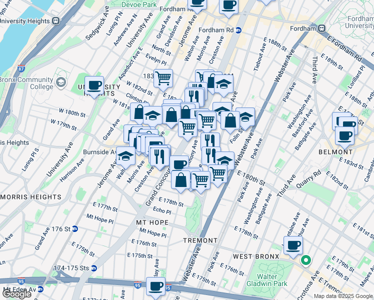 map of restaurants, bars, coffee shops, grocery stores, and more near in The Bronx