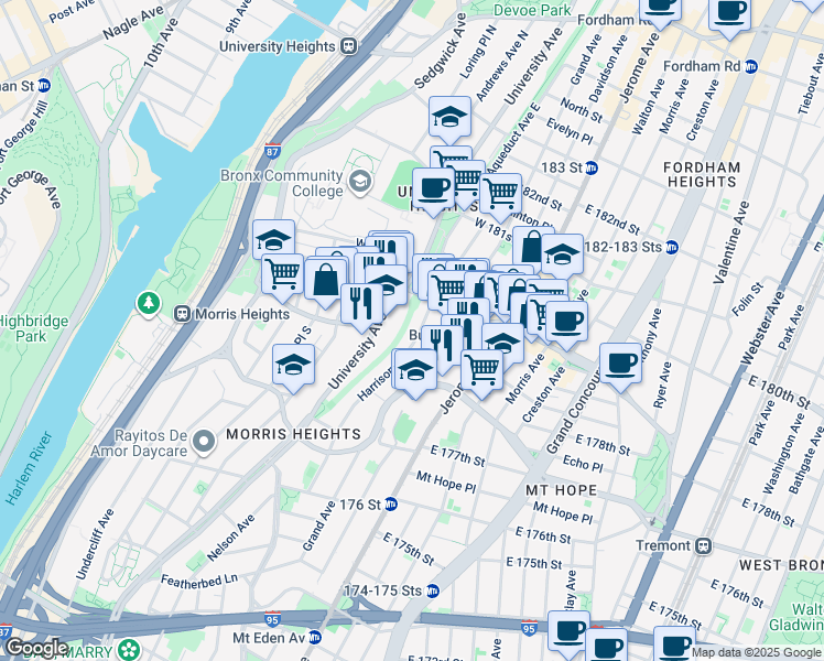map of restaurants, bars, coffee shops, grocery stores, and more near 1925 Harrison Avenue in The Bronx