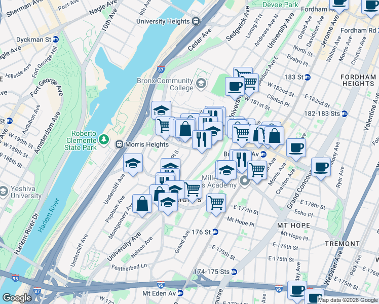map of restaurants, bars, coffee shops, grocery stores, and more near 1899 Andrews Avenue South in Bronx