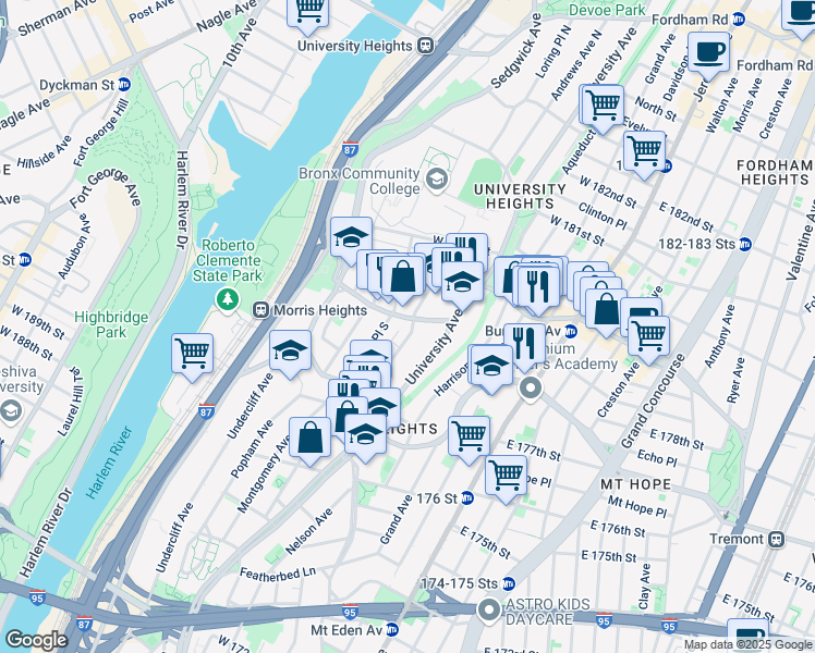 map of restaurants, bars, coffee shops, grocery stores, and more near 1899 Andrews Avenue South in Bronx