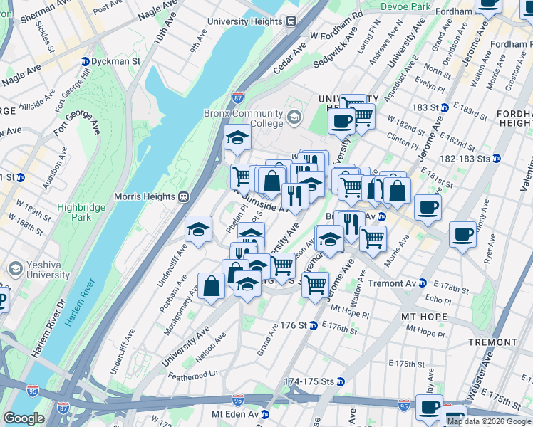 map of restaurants, bars, coffee shops, grocery stores, and more near 1899 Andrews Avenue South in Bronx
