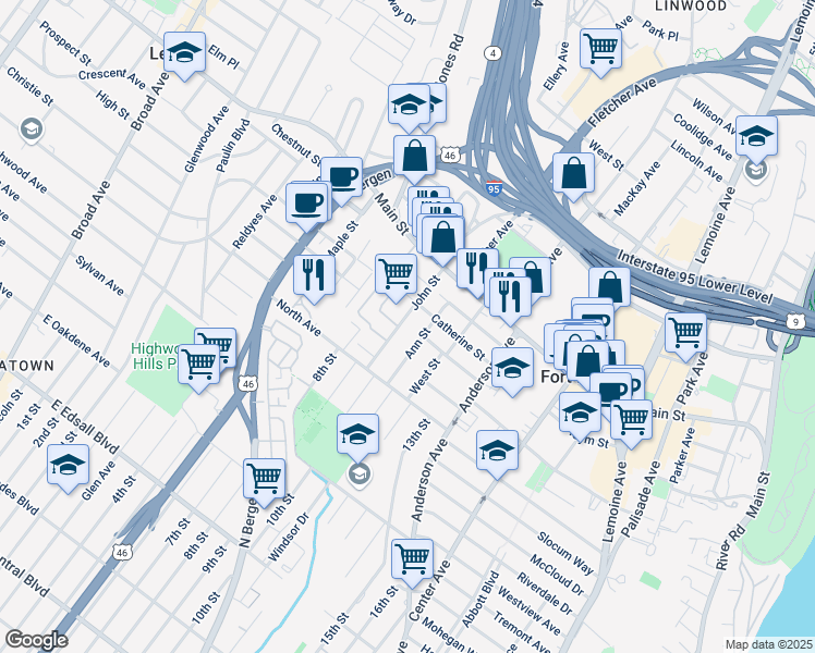 map of restaurants, bars, coffee shops, grocery stores, and more near 1614 John Street in Fort Lee