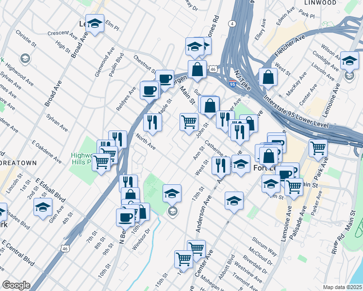 map of restaurants, bars, coffee shops, grocery stores, and more near 1597 John Street in Fort Lee