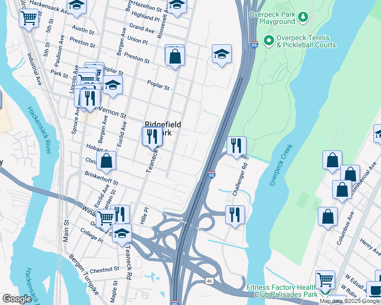 map of restaurants, bars, coffee shops, grocery stores, and more near 11 Scott Court in Ridgefield Park