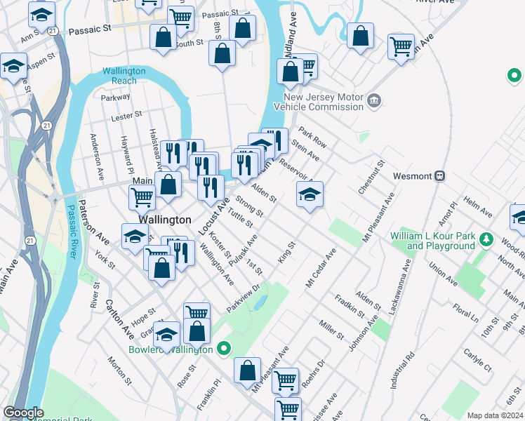 map of restaurants, bars, coffee shops, grocery stores, and more near 40 Alden Street in Wallington