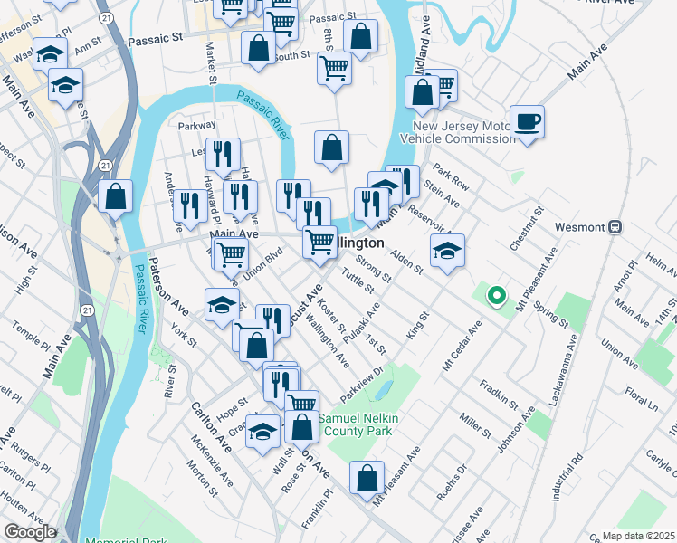 map of restaurants, bars, coffee shops, grocery stores, and more near 127 Locust Avenue in Wallington